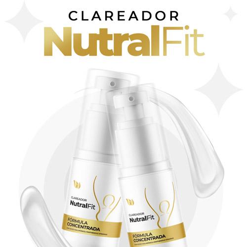 Creme Clareador NutralFit em embalagem, ideal para clarear manchas escuras em axilas, virilhas, joelhos, cotovelos e rosto. Produto 100% natural, aprovado pela Anvisa, com ingredientes como vitamina C, vitamina E, e ácido hialurônico.